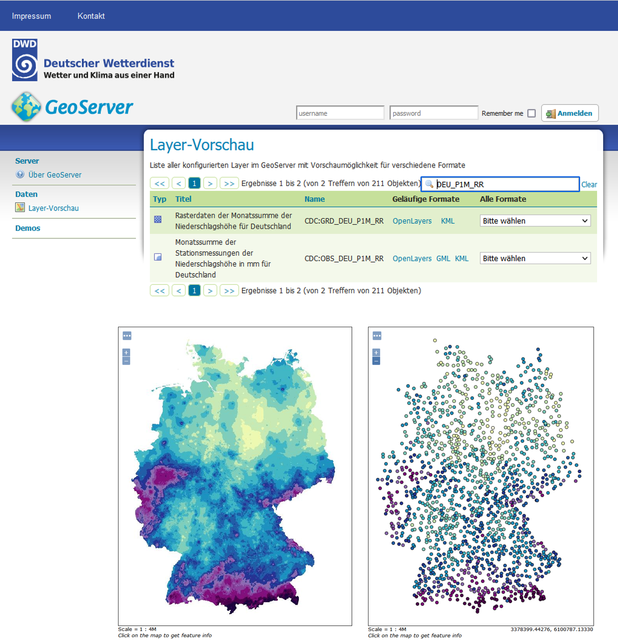 Ausschnitt aus dem Climate Data Center (CDC) GeoServer Ausschnitt aus dem Climate Data Center (CDC) GeoServer