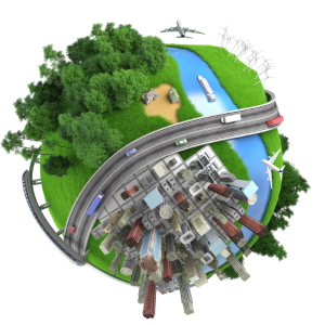 Icon zum Thema "Übergreifende Querschnittsaufgaben": Dreidimensionale Darstellung einer miniaturisierten Weltkugel mit verschiedenen Verkehrsträgern, Städten, Wäldern und Gebieten Icon zum Thema "Übergreifende Querschnittsaufgaben": Dreidimensionale Darstellung einer miniaturisierten Weltkugel mit verschiedenen Verkehrsträgern, Städten, Wäldern und Gebieten