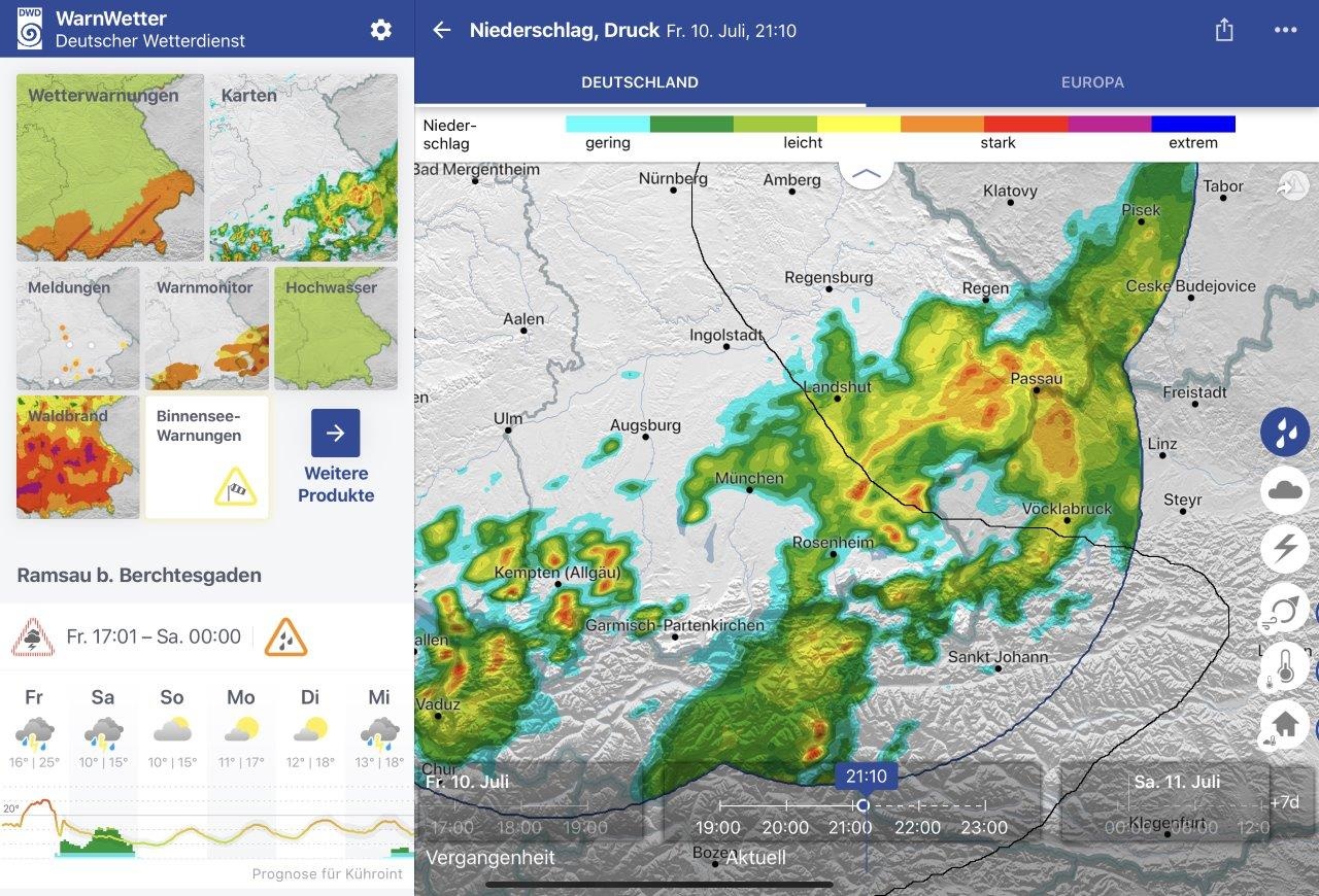 Ausschnitt aus der WarnWetter-App Ausschnitt aus der WarnWetter-App