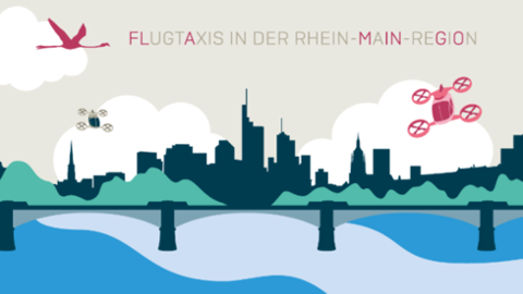 Visualisierung einer Stradtsilhouette mit Drohnen. Über der Abbildung fliegt ein Flamingo. Neben dem Vogel befindet sich der Schriftzug: Flugtaxis in der Rhein-Main-Region.