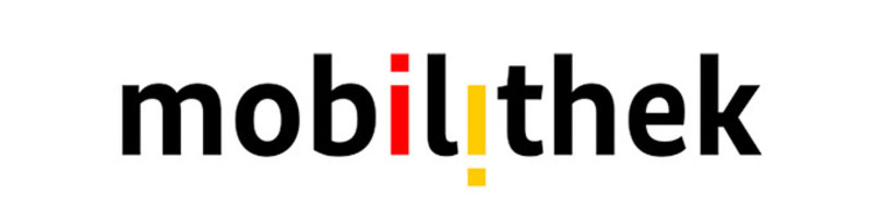 Logo der mobilithek, Buchstaben in deutschen Landesfarben Schwarz-Rot-Gold, das zweite "i" steht auf dem Kopf, weißer Hintergrund