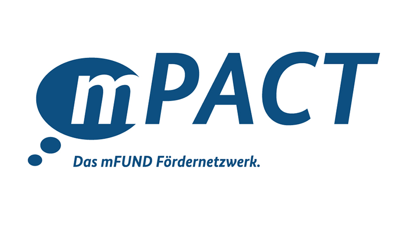 Logo der mFUND-Begleitforschung mPACT - Das mFUND Fördernetzwerk, blauer Schriftzug auf weißem Grund