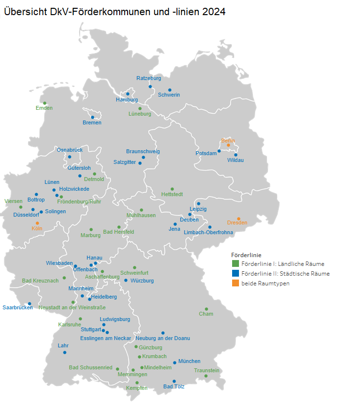 Karte von Deutschland mit Übersicht der DkV-Förderkommunen und -linien 2024 Karte von Deutschland mit Übersicht der DkV-Förderkommunen und -linien 2024