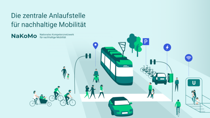 Visualisierung verschiedener Verkehrsträger in einer städtischen Szenerie. In der oberen linken Ecke des Bildes befindet sich der Text: Die zentrale Anlaufstelle für nachhaltige Mobilität. NaKoMo. Nationales Kompetenznetzwerk für nachhaltige Mobilität. Visualisierung verschiedener Verkehrsträger in einer städtischen Szenerie. In der oberen linken Ecke des Bildes befindet sich der Text: Die zentrale Anlaufstelle für nachhaltige Mobilität. NaKoMo. Nationales Kompetenznetzwerk für nachhaltige Mobilität.