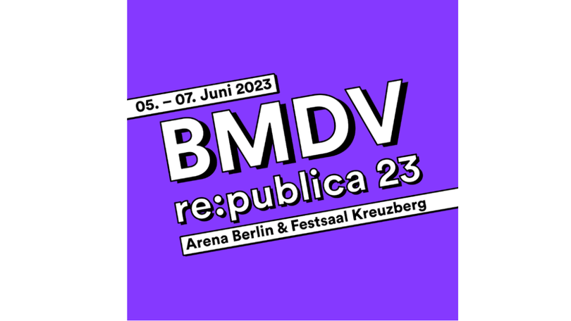 republica Grafik in lila mit Text: BMDV auf der republica am 5.6. bis zum 7.6.2023 republica Grafik in lila mit Text: BMDV auf der republica am 5.6. bis zum 7.6.2023