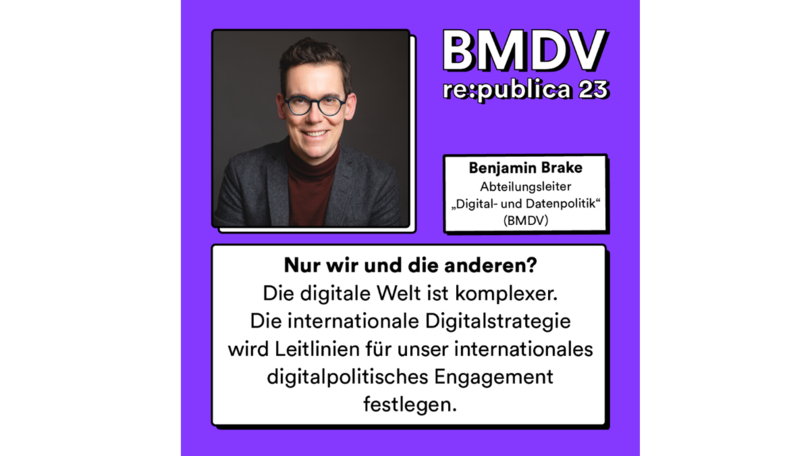Das BMDV auf der republica vom 5.6. bis zum 7.6.2023. Benjamin Brake ist auf einer Grafik zu sehen. Das BMDV auf der republica vom 5.6. bis zum 7.6.2023. Benjamin Brake ist auf einer Grafik zu sehen.