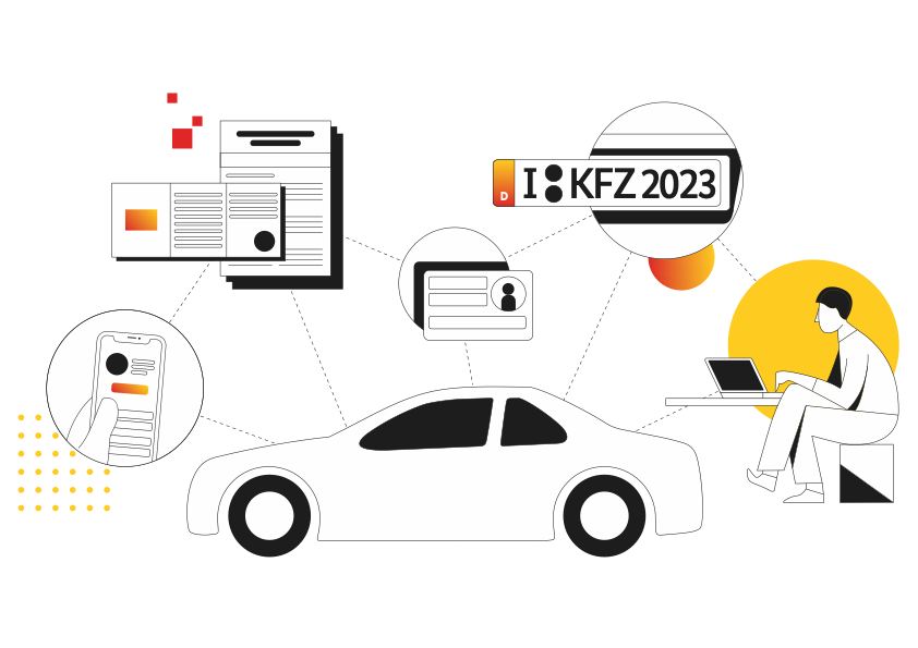 Illustration eines Autos mit Linien zu Dokumenten, einem Smartphone, einem Ausweis, einem Kfz-Kennzeichen und einer Person, die einen Laptop bedient Illustration eines Autos mit Linien zu Dokumenten, einem Smartphone, einem Ausweis, einem Kfz-Kennzeichen und einer Person, die einen Laptop bedient