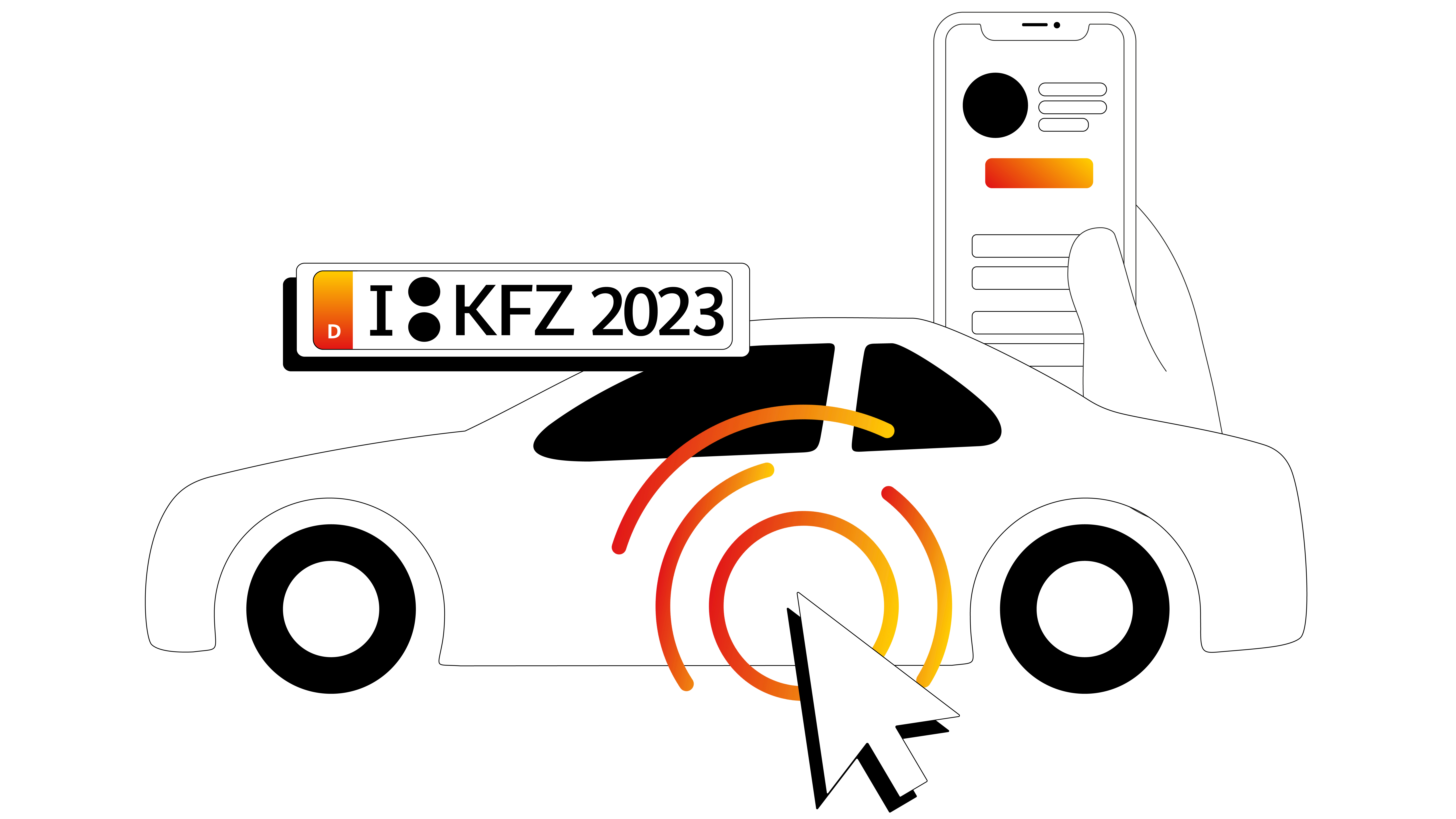 Illustration eines Autos mit Mauszeiger, eine Hand mit Smartphone und ein Kfz-Kennzeichen