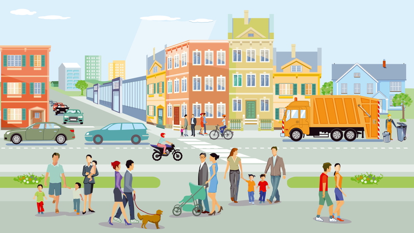 Illustration: Stadt mit Fußgängern und Verkehr Illustration: Stadt mit Fußgängern und Verkehr